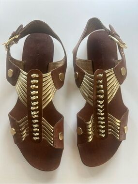 Cynthia Vincent Brown & Gold Leather Gladiator T-Strap Sandals